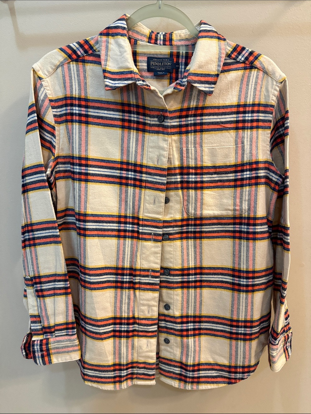 Pendleton Cream Plaid Button-Front Shirt with Navy and Orange Stripes